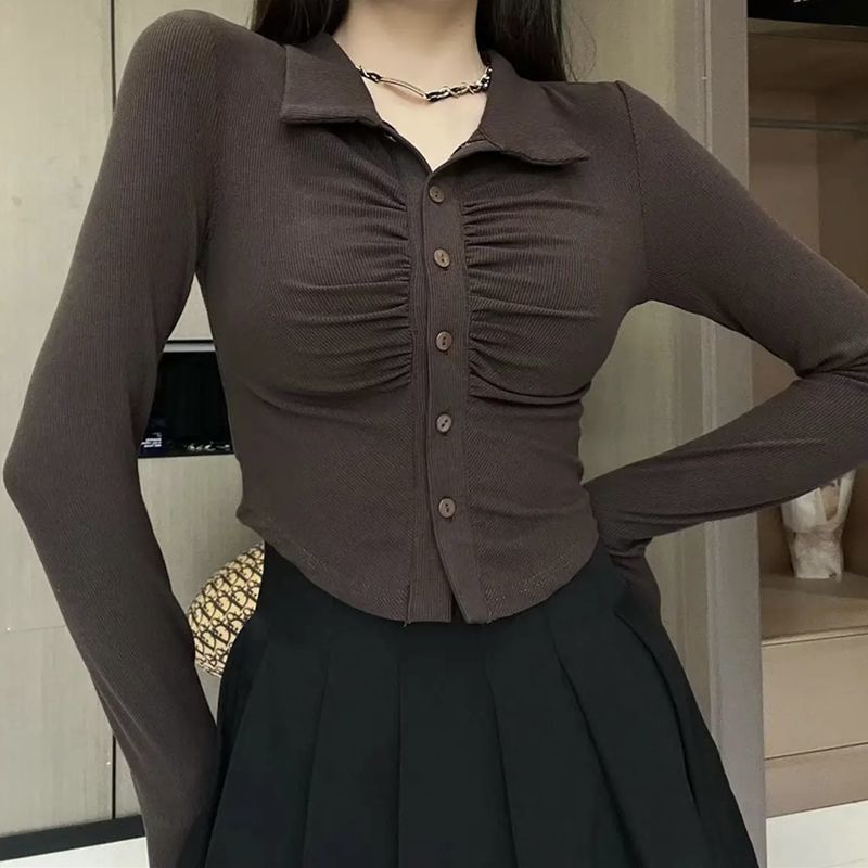 Pure lust-style polo collar long-sleeved T-shirt for women in autumn and winter with design pleated hottie slim-fitting short bottoming top
