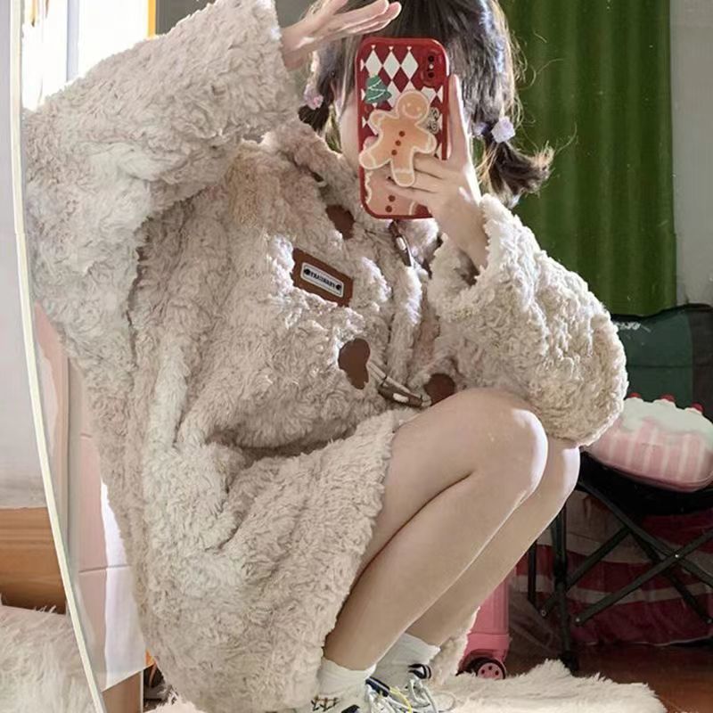 2023新款仿兔絨愛心牛角扣減齡毛茸茸保暖皮草羊羔毛絨外套女冬季