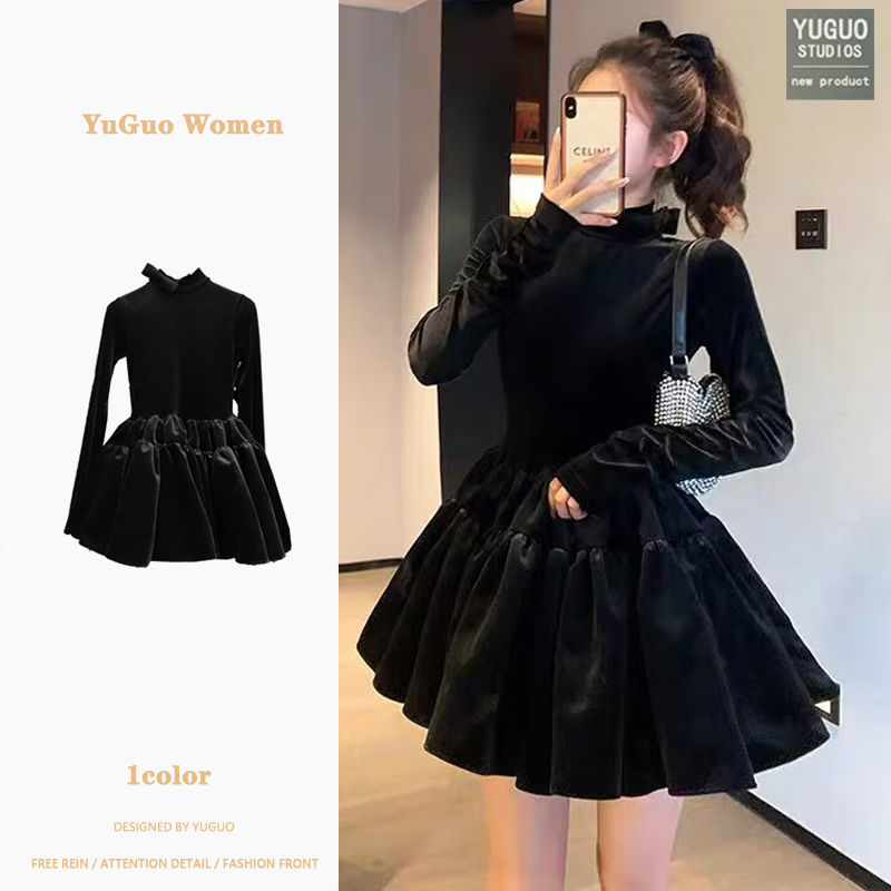 小香風金絲絨連衣裙女秋冬2023新款蓬蓬裙赫本風法式復古禮服裙子