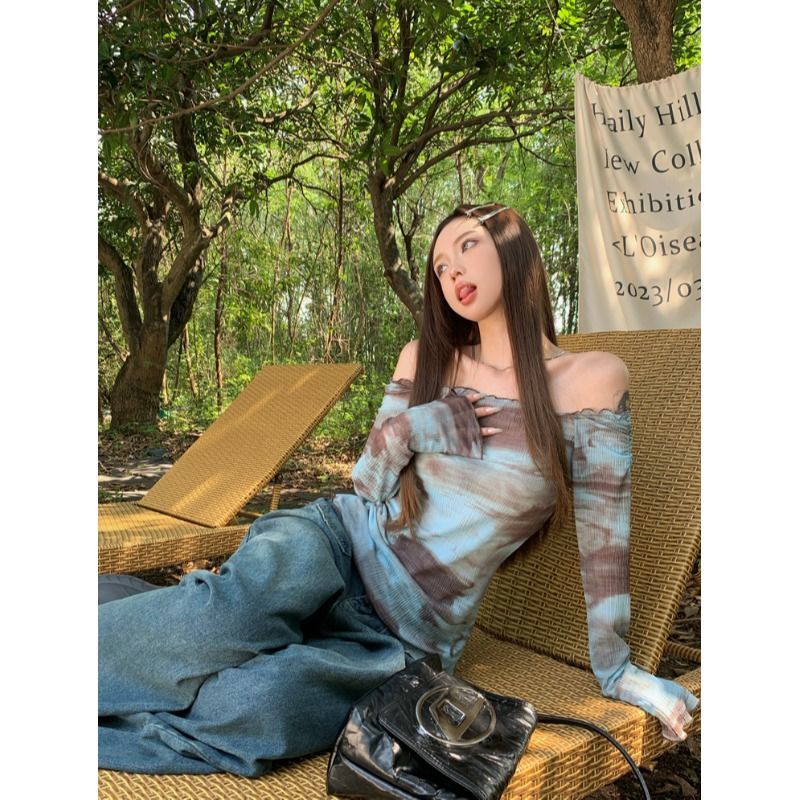 木耳邊一字肩扎染T恤女裝秋季新款美式復古短款修身長袖露肩上衣
