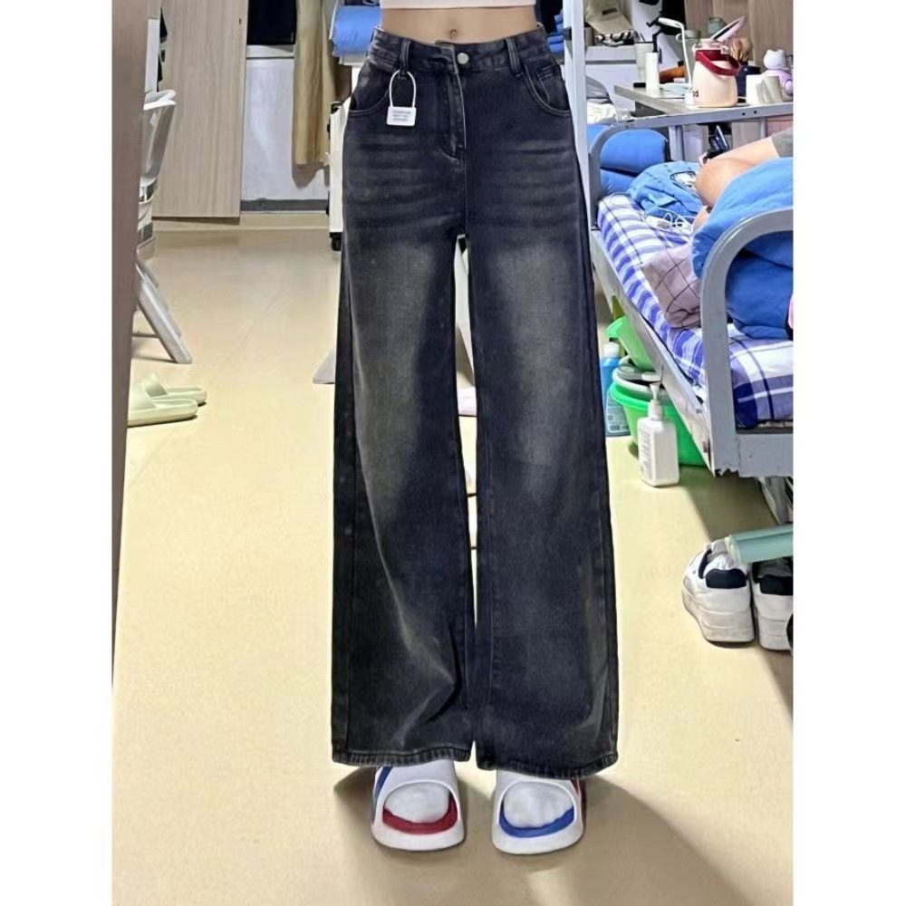 小個子直筒闊腿牛仔褲女高腰黑灰色復古做舊色美式新款矮個子褲子