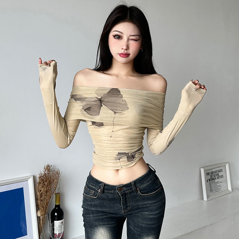 歐美辣妹早秋性感一字肩上衣女設計感小眾卡其色女團風長袖打歌服