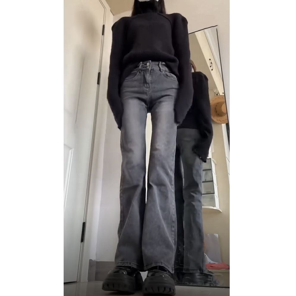 復古煙灰色直筒牛仔褲女小個子秋高街高腰修身顯瘦微喇拖地褲ins