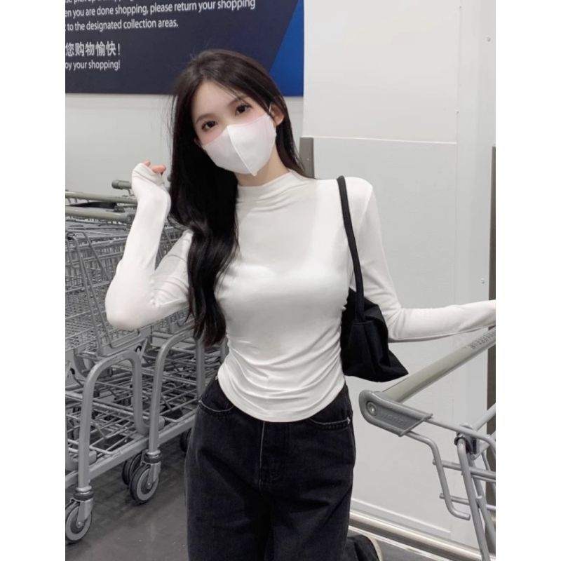 純欲半高領長袖t恤女秋冬新款修身內搭打底衫設計感辣妹短款上衣