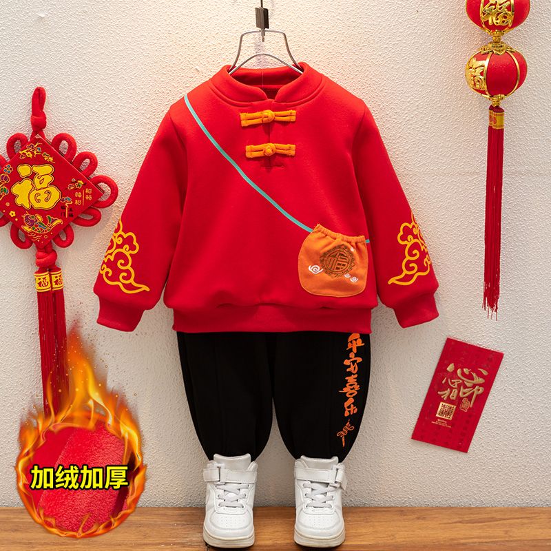 兒童唐裝冬裝拜年服男童周歲禮服寶寶加絨衛衣套裝中國風新年衣服