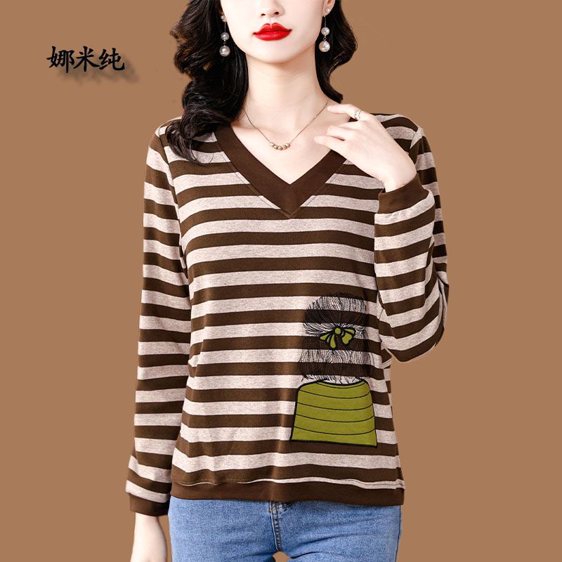 女裝條紋大碼衛衣春秋新款中老年時尚寬鬆減齡遮肚子百搭v領上衣