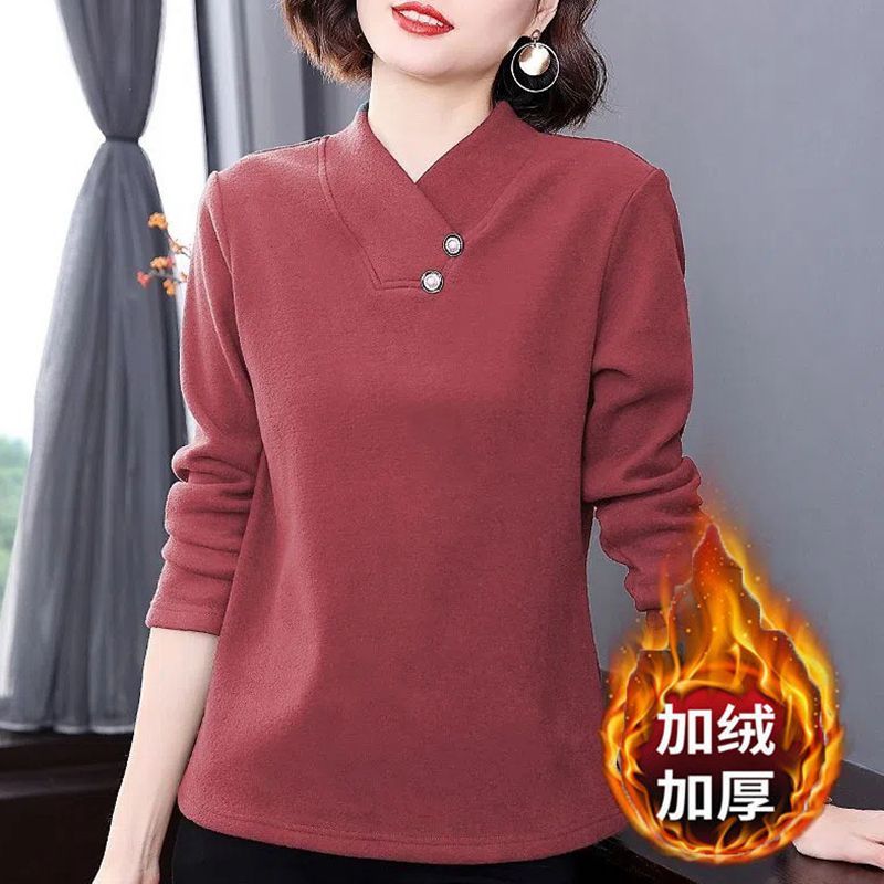 時尚v領長袖加絨加厚t恤打底衫女士秋冬裝2023年新款顯瘦內搭小衫