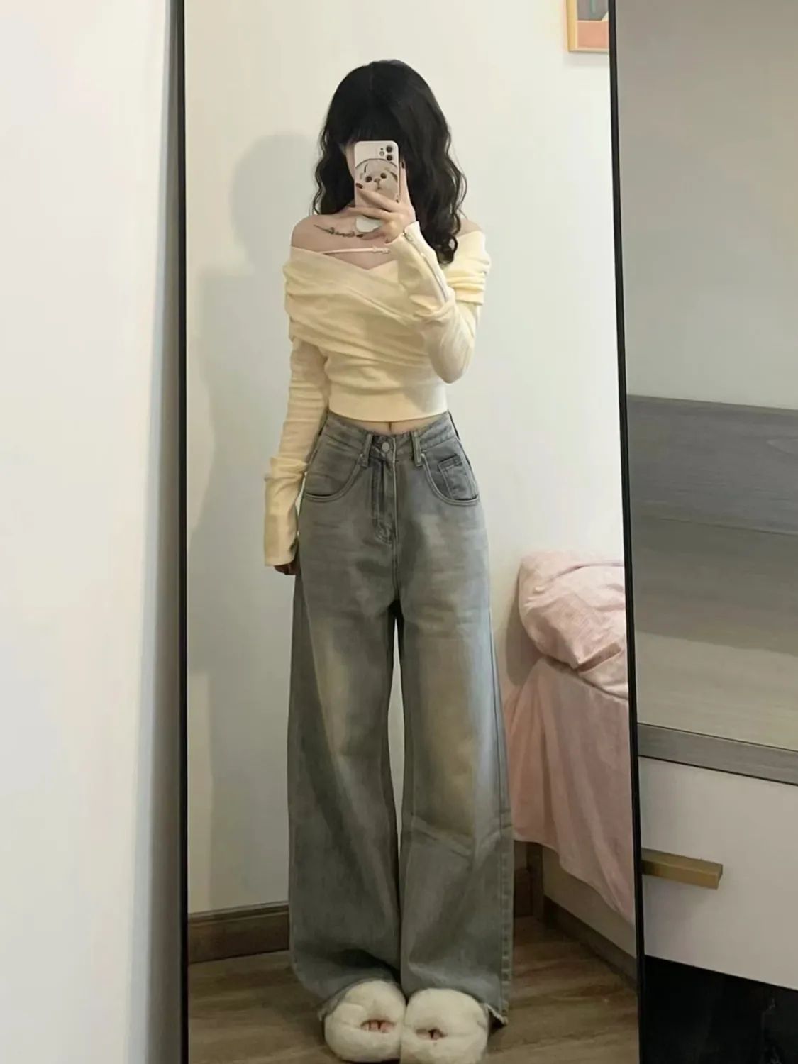 做舊復古水洗毛邊牛仔褲女2023秋季新款高腰直筒寬鬆闊腿拖到褲子