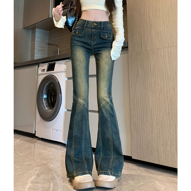 辣妹復古做舊水洗牛仔褲女秋冬小個子高腰微喇叭褲拖地馬蹄長褲潮