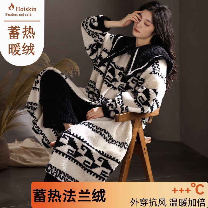 秋冬季法蘭絨睡袍女士保暖絨睡衣套裝冬天珊瑚絨高檔家居服可外穿