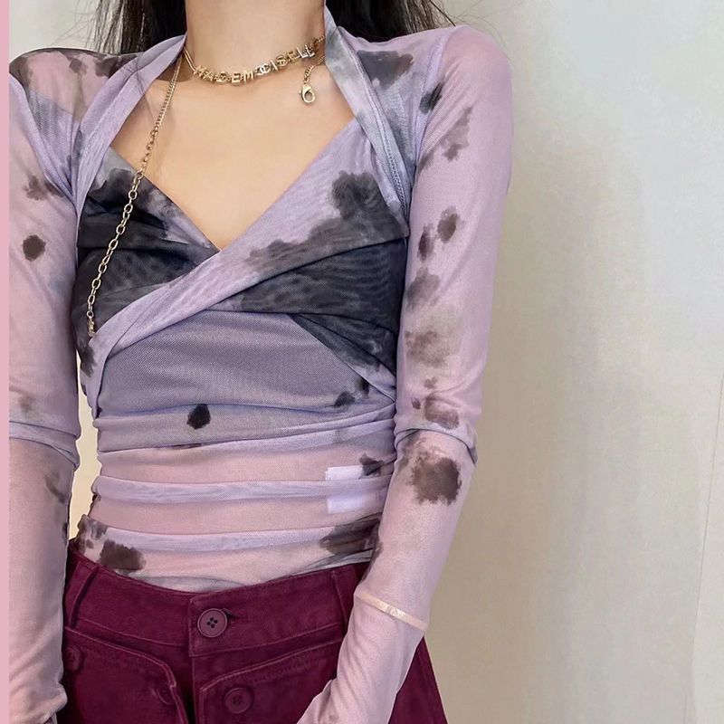 純欲風v領扎染水墨畫微透視上衣氣質女神時尚正肩顯瘦褶皺個性t恤