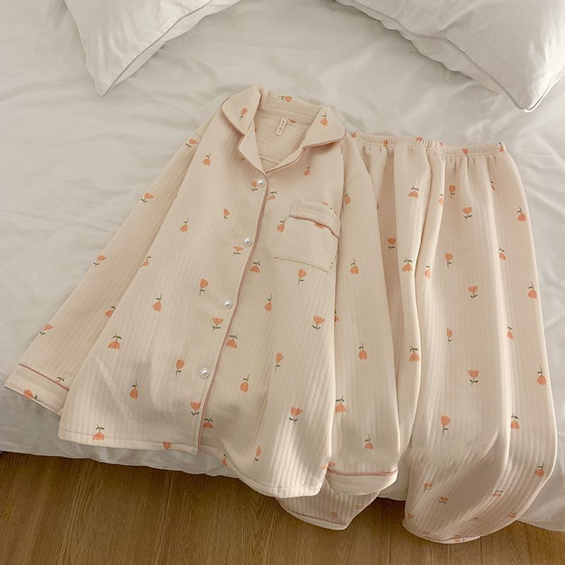 鬱金香睡衣女秋冬季加厚夾層保暖奶fufu開衫空氣棉春秋家居服套裝