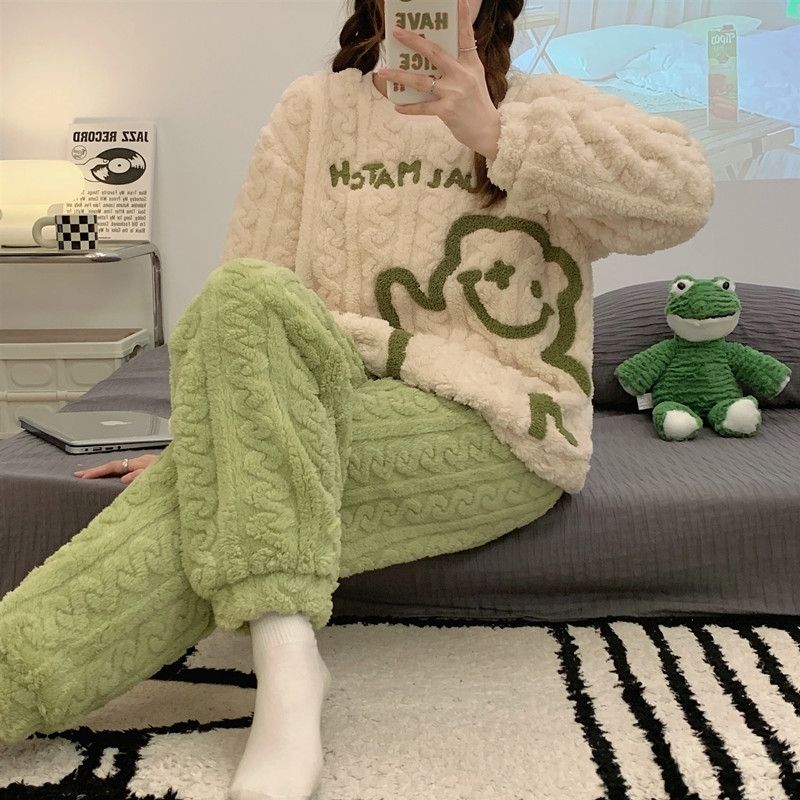 珊瑚絨睡衣女秋冬季加厚加絨學生韓版高級感冬天法蘭絨家居服套裝