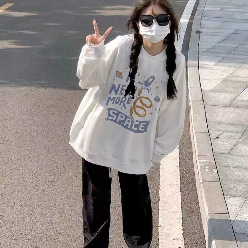 秋冬新款加絨加厚無帽圓領套頭衛衣女學生韓版寬鬆慵懶風白色上衣