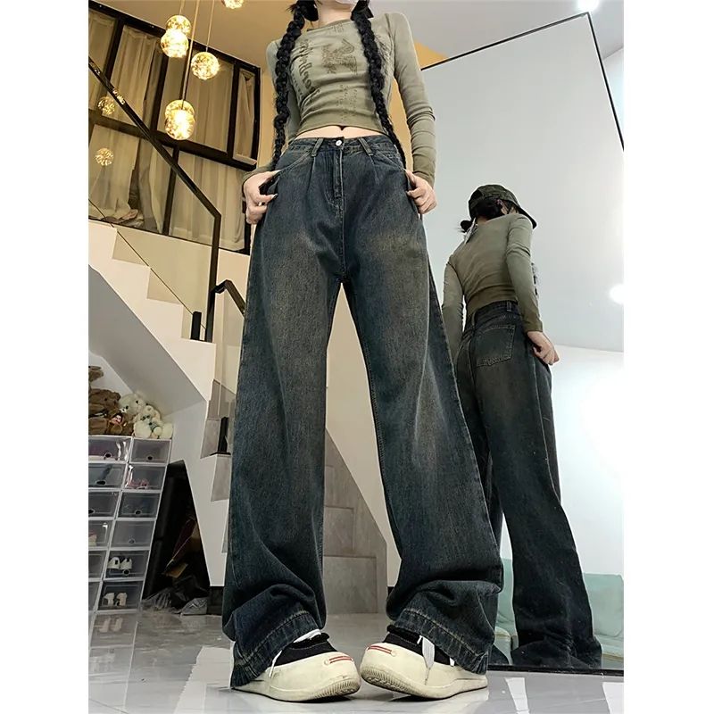 水泥灰直筒牛仔褲女2023年科冬新款爆款復古港風顯瘦垂感闊腿褲子