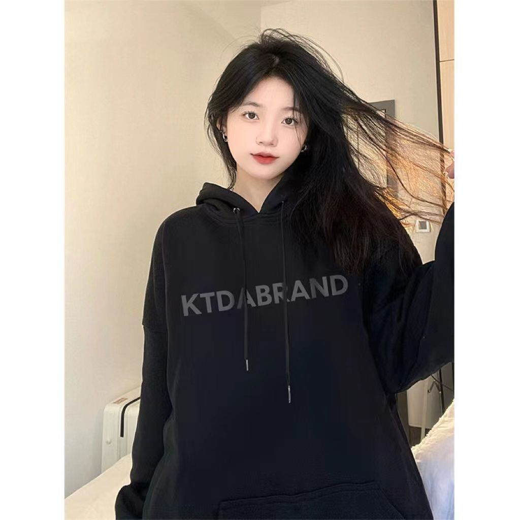 美式復古黑色連帽衛衣女寬鬆春秋冬小眾設計感慵懶風長袖上衣外套