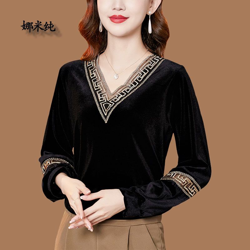 洋氣v領鏤空長袖金絲絨上衣女春秋新款寬鬆優雅時尚顯瘦百搭小衫
