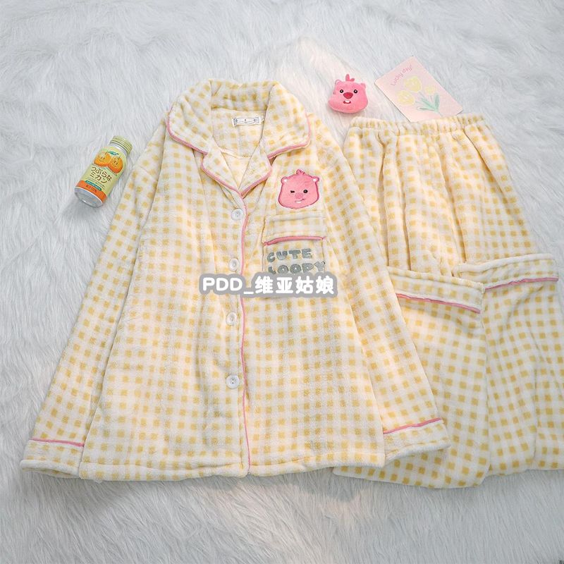 秋冬季珊瑚絨睡衣女加厚加絨卡通可愛小海狸法蘭絨甜美家居服套裝