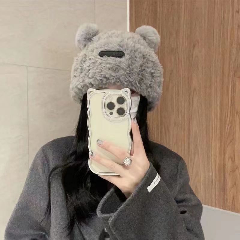 Cute Bear Wool Hat Women's Winter Thickened Plush Warm Furry Baotou Hat Autumn and Winter Large Head Circumference Knitted Hat