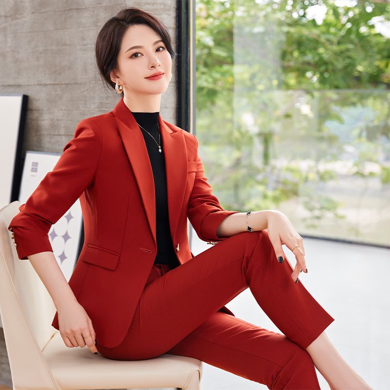 橙紅色西裝套裝女秋冬氣質女神范大碼小西服外套高級感職業工作服