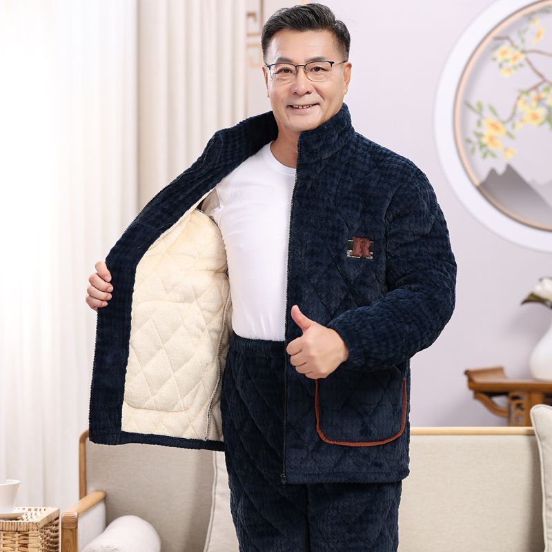 爸爸睡衣男中老年人冬季珊瑚绒加厚法兰绒三层夹棉保暖家居服套装