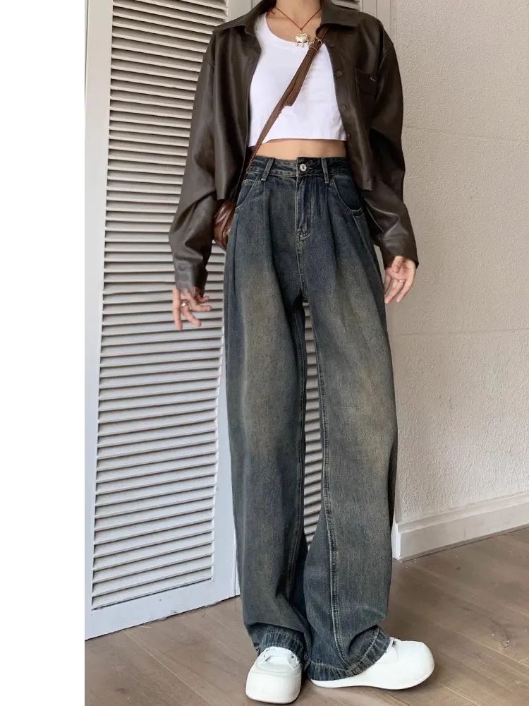 美式復古闊腿牛仔褲女2023春秋新款高腰寬鬆直筒水泥灰拖地褲ins
