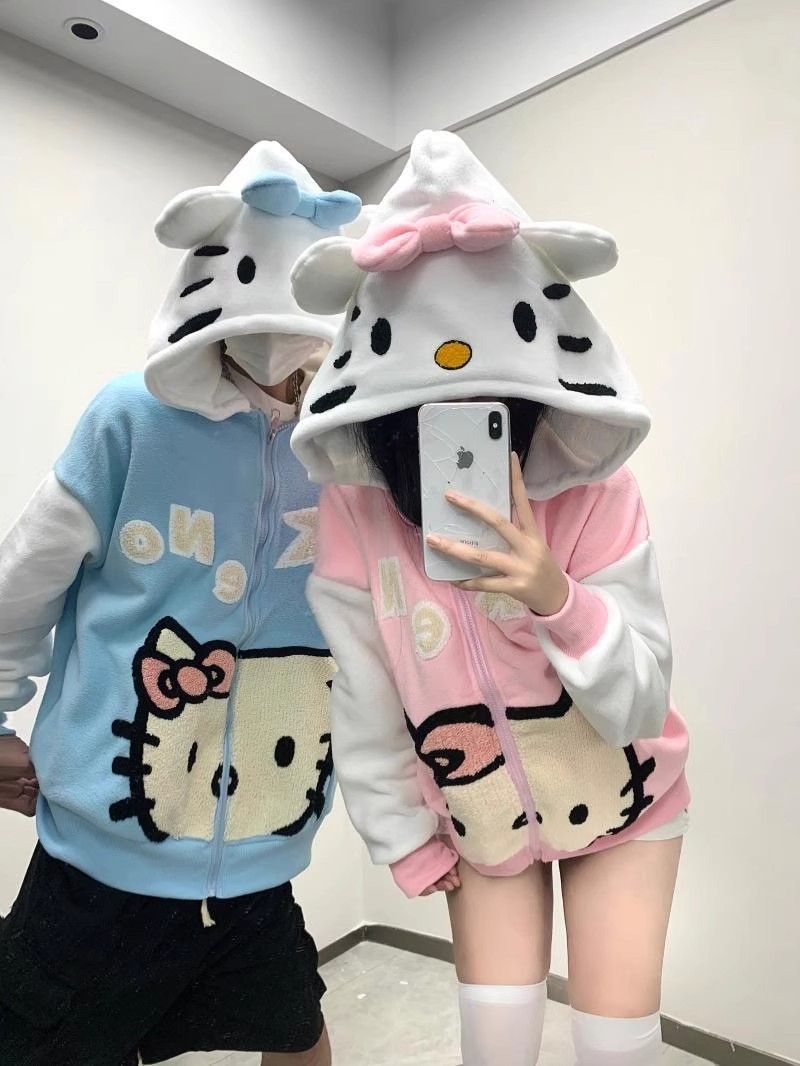 可愛風搖粒絨連帽情侶衛衣拉鏈羊羔毛外套開衫女寬鬆搞怪秋冬絨衫