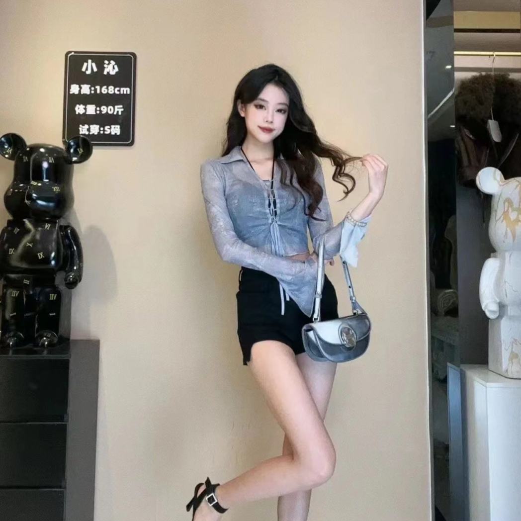 春夏季新款辣妹風純欲氣質長袖防曬polo領襯衣網紗系帶開衫上衣女