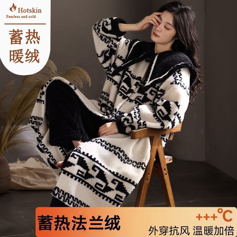 秋冬季法蘭絨睡袍女士保暖絨睡衣套裝冬天珊瑚絨高檔家居服可外穿
