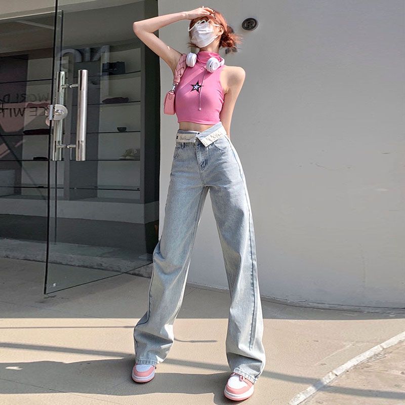 韓式高腰直筒寬鬆顯瘦牛仔褲女2023年時髦翻邊設計感闊腿拖地褲潮
