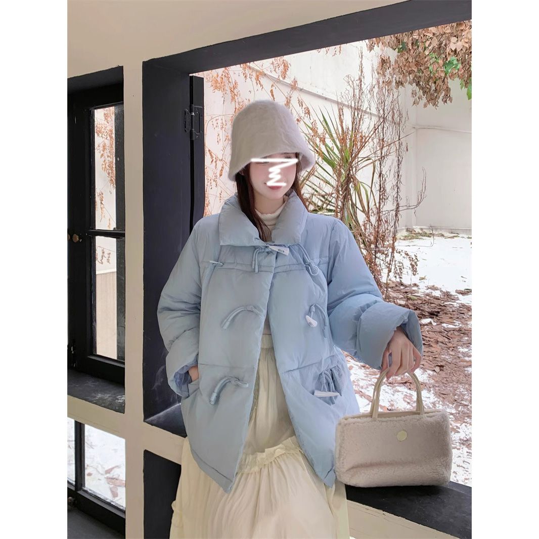 淺藍色可鹽可甜牛角扣麵包服女2023冬季加厚保暖韓版寬鬆棉衣外套