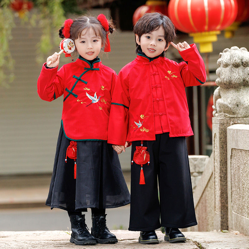 漢服男童冬季加絨加厚中國風女童唐裝套裝2023龍年中式紅色拜年服