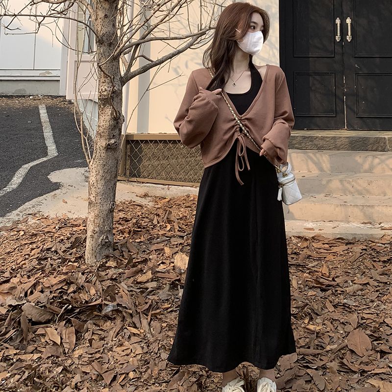 兩件套女春季新款胖mm森系寬鬆遮肉顯瘦抽繩掛脖氣質網紅長裙