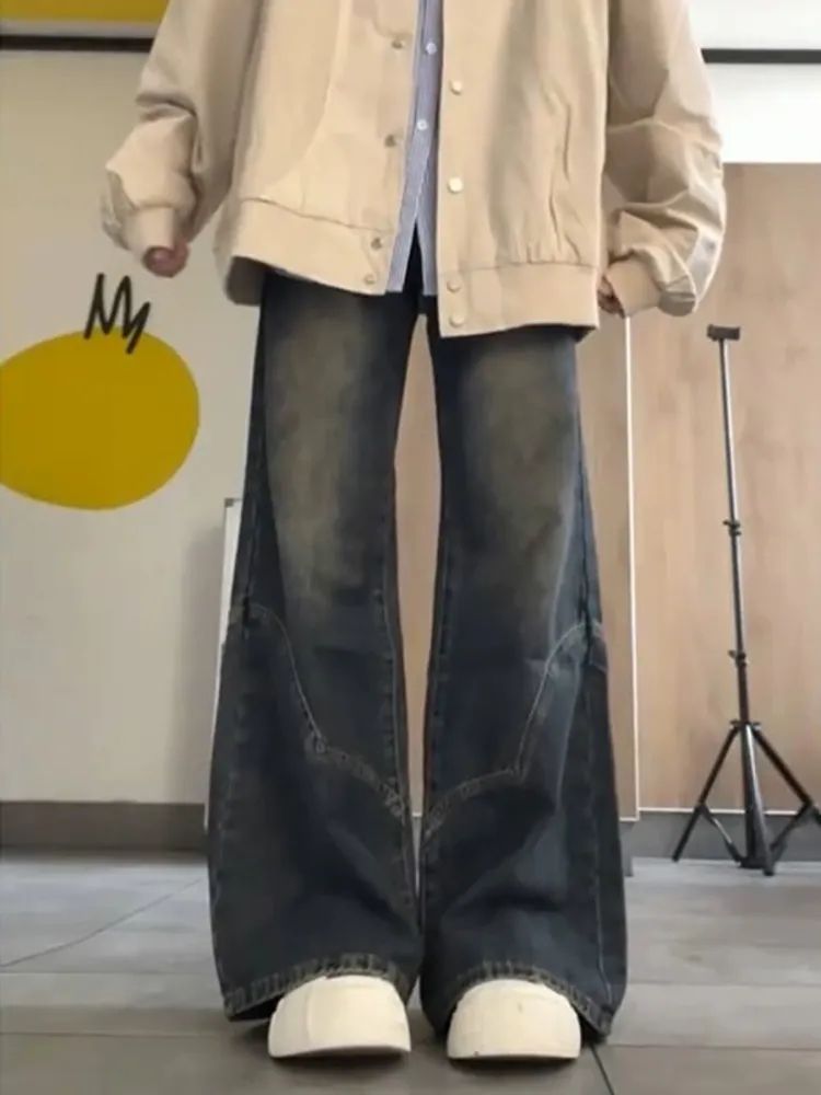 水泥灰微喇叭牛仔褲女秋季新款設計感高腰寬鬆顯瘦直筒拖地褲ins