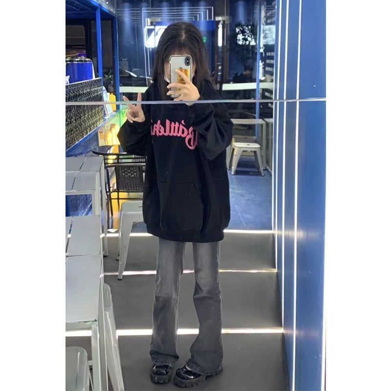 復古百搭黑灰色辣妹微喇牛仔褲女秋冬款高腰直筒顯瘦修身喇叭褲子