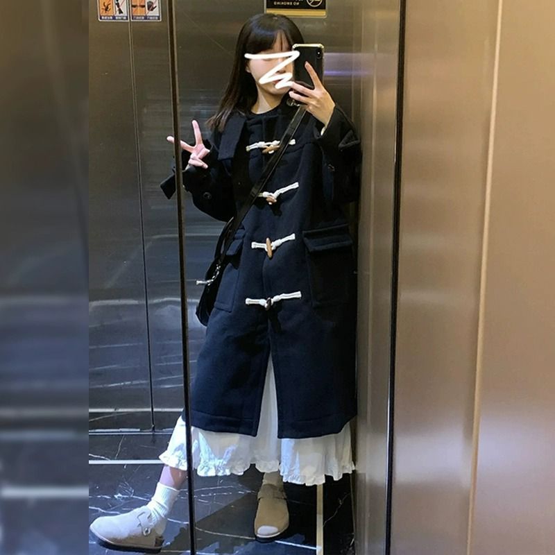 牛角扣毛呢外套女中長款2023秋冬新款赫本風小個子連帽呢子大衣潮