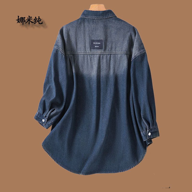 加絨加厚寬鬆大碼牛仔襯衣外套女秋冬復古開衫中長款水洗牛仔外套