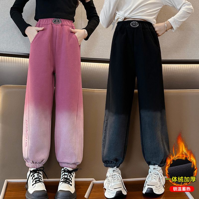 女童休閒褲加絨加厚秋冬裝時尚運動褲兒童中大童衛褲女孩冬季褲子