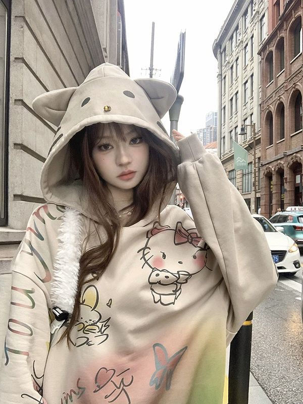 American print graffiti painted hooded sweatshirt for women autumn and winter 2023 new style lazy style velvet little man jacket top