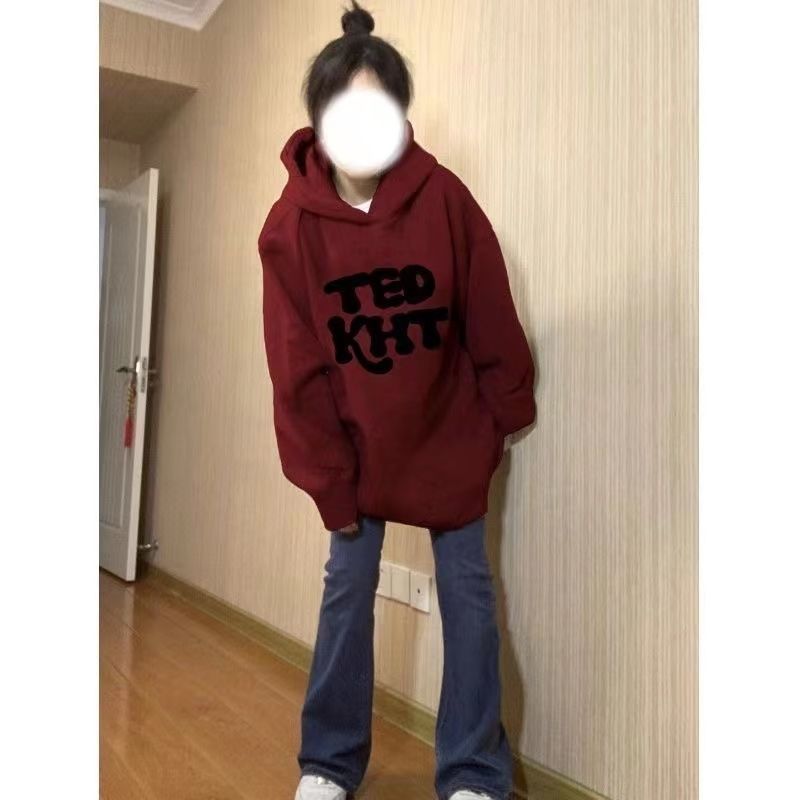 美式復古國潮高街酒紅色連帽衛衣女寬鬆春秋冬小眾設計感上衣外套