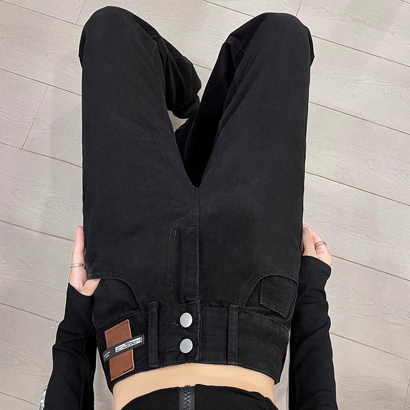 秋冬2023高腰雙扣百搭顯高皮標直筒褲大碼胖mm梨形寬鬆顯瘦ins風