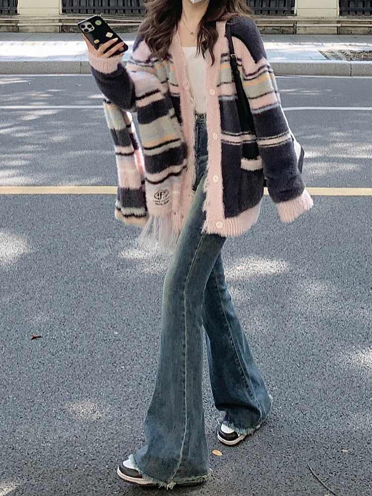 不貼腿毛邊微喇叭牛仔褲女秋季新款高腰闊腿顯瘦百搭直筒拖地褲子