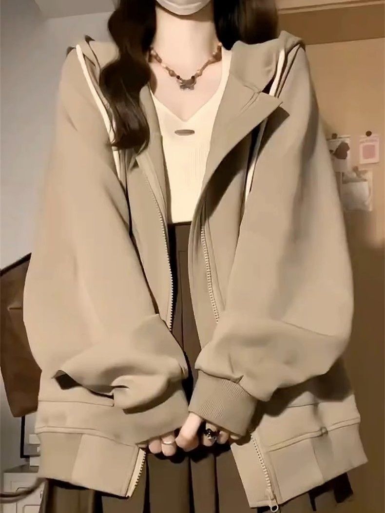 美式復古oversize連帽拉鏈開衫衛衣外套女秋冬新款加絨加厚棒球服