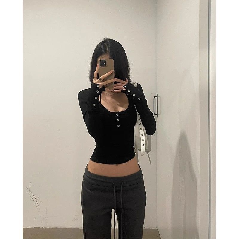 美式性感風方領長袖T恤女2023秋季新款緊身修身顯瘦設計感上衣潮