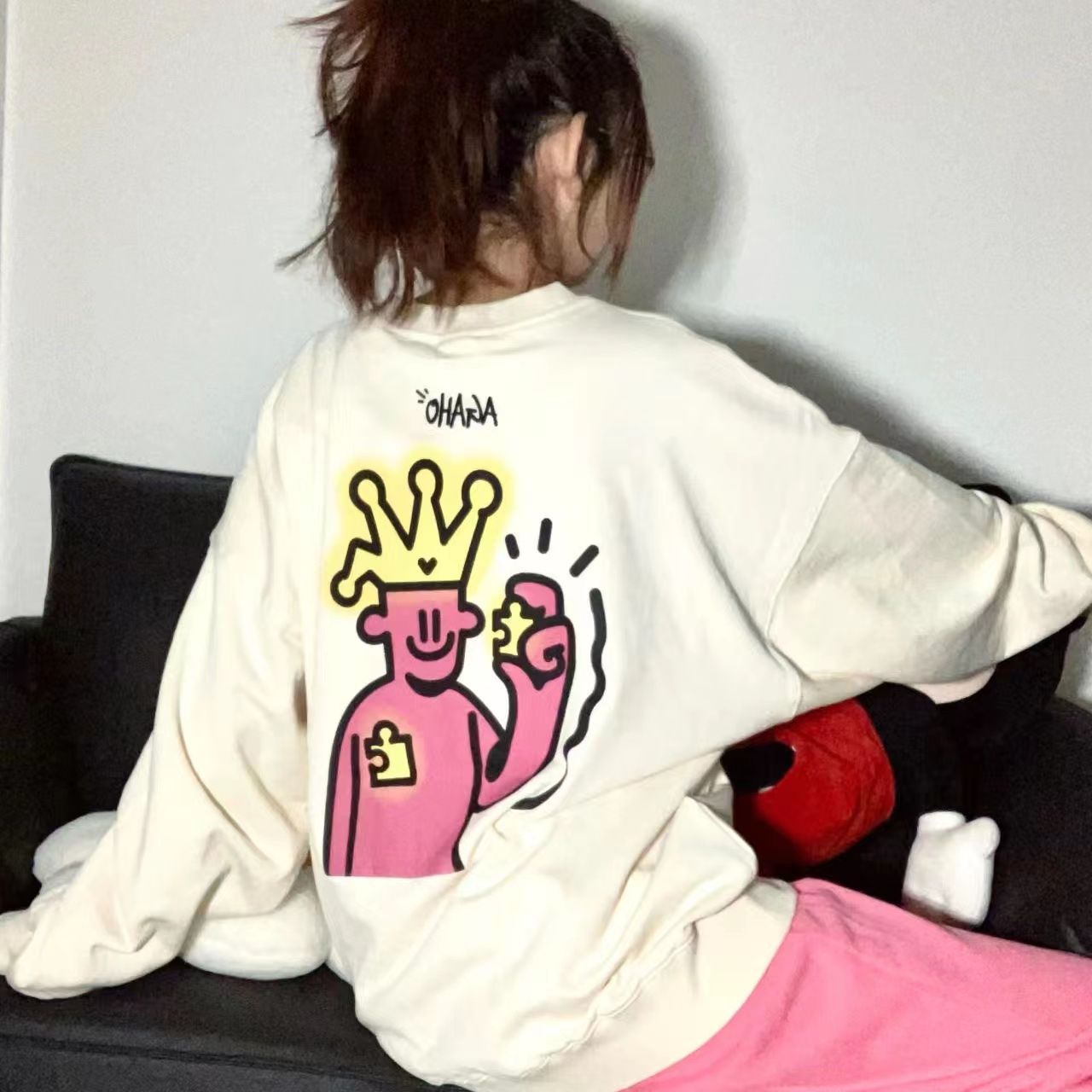 美式復古杏色圓領衛衣女寬鬆春秋冬小眾設計感慵懶風學生上衣外套