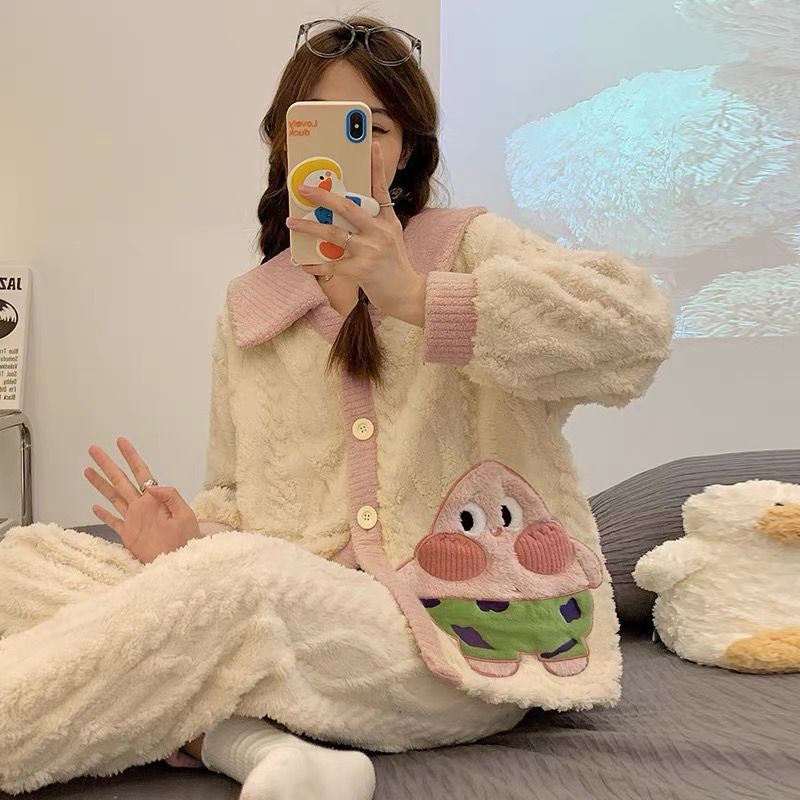 新款珊瑚絨睡衣女士秋冬季加厚法蘭絨長袖套裝甜美可愛卡通家居服