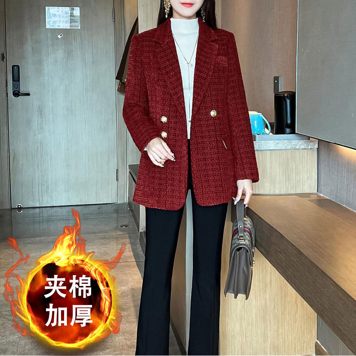 Women's 2023 winter new quilted and thickened suit jacket with small fragrance casual and versatile design suit top