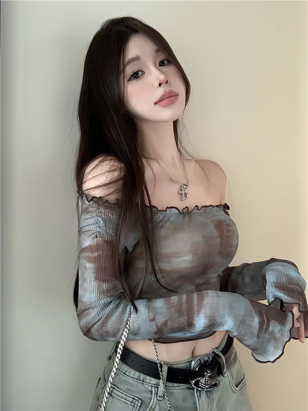 美式扎染長袖t恤女網紗打底衫早秋熱辣妹性感短款一字肩防曬上衣