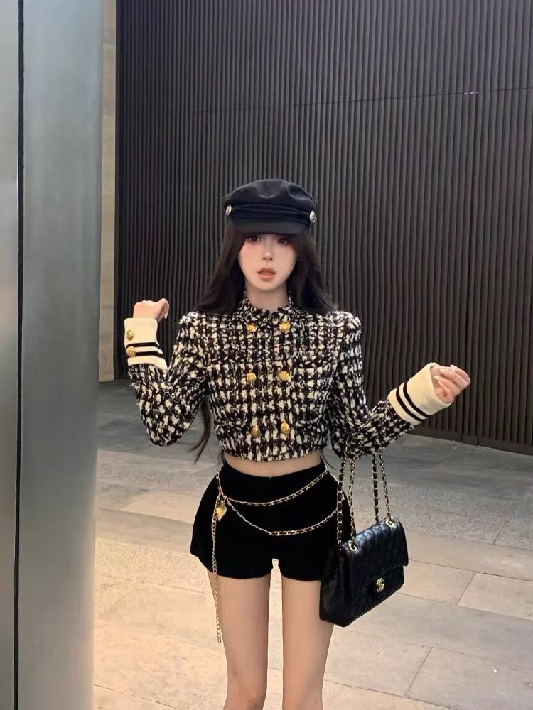 套裝女2023秋冬新款小香風富家千金格子長袖短款外套高腰闊腿短褲