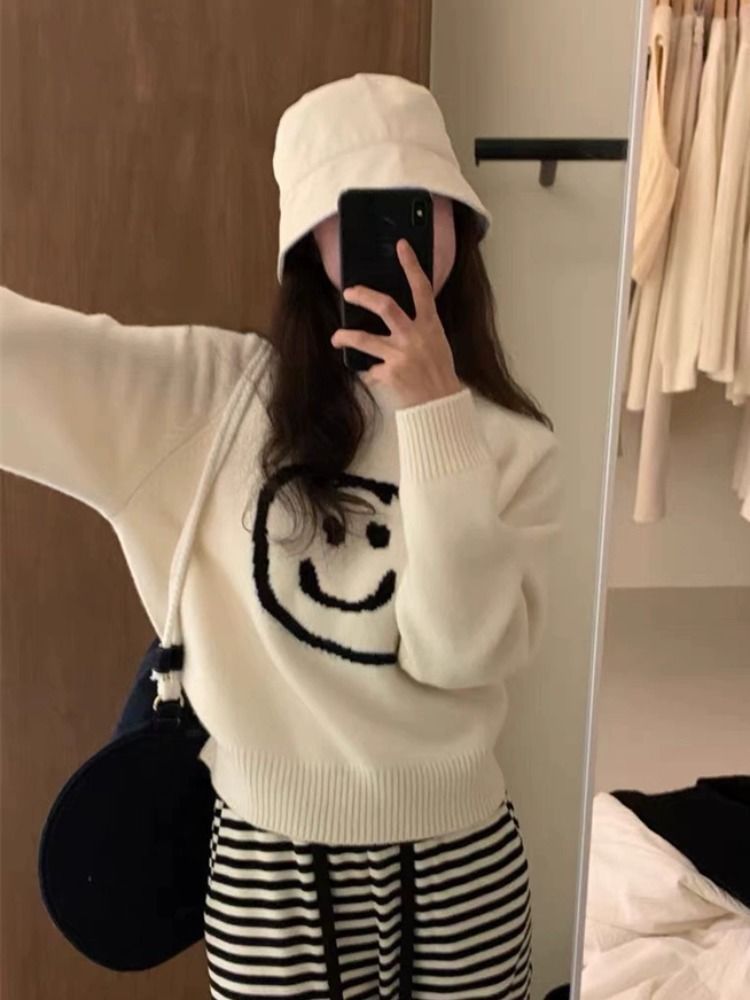 笑臉印花針織毛衣女寬鬆慵懶風圓領打底衫設計感小眾顯廋長袖上衣